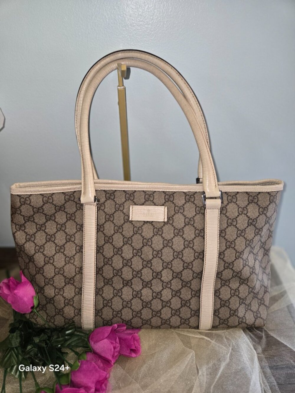 Gucci GG Canvas Tote Bag Beige/Ebony Monogram Leather Trim Shoulder Bag